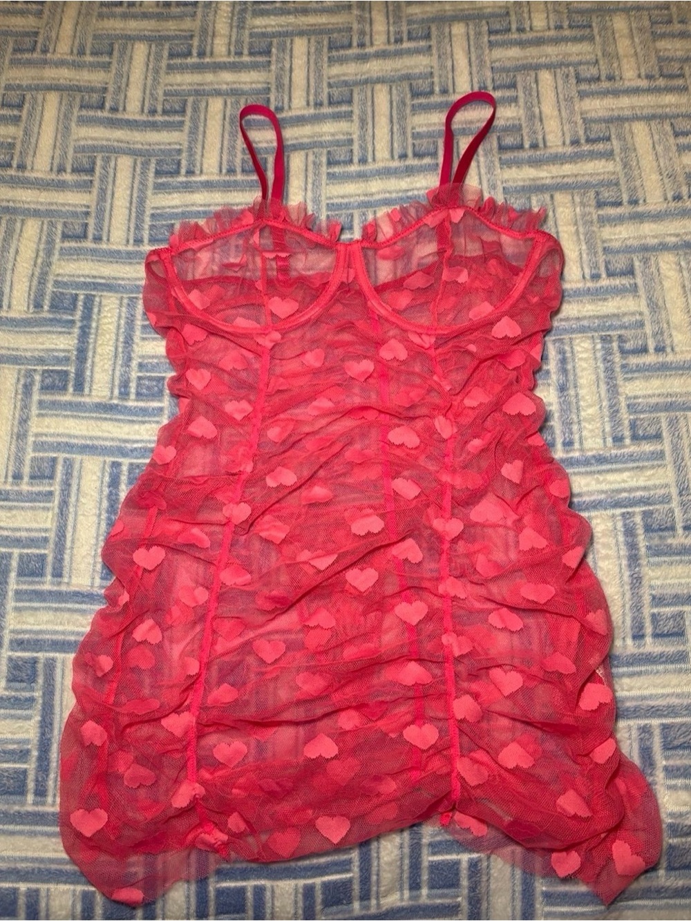 Hot Pink Ruffle Heart Design Sheer Lingerie Nightgown Teddy  Matching G-String